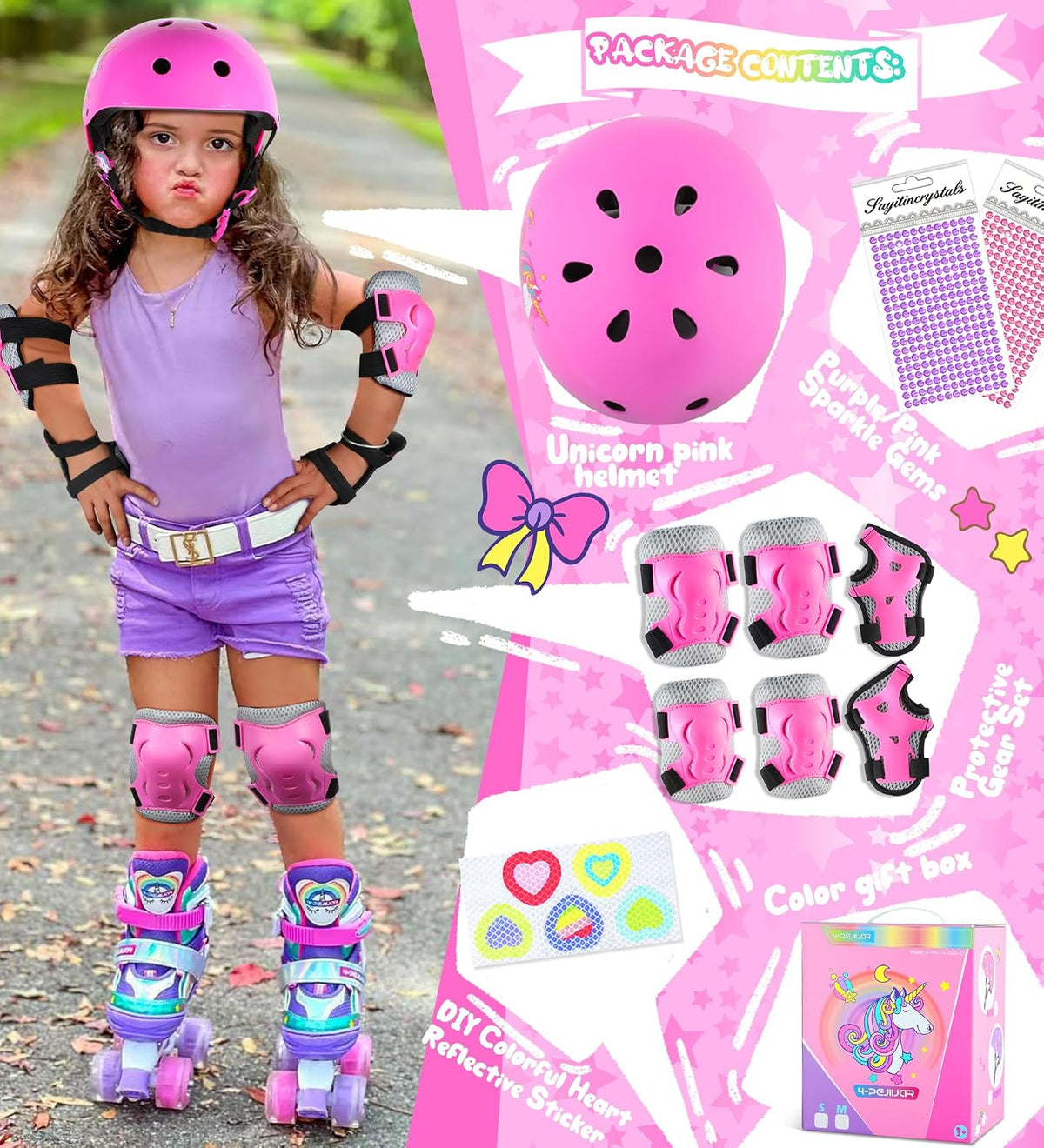 Kids Bike Helmet for Girls,Unicorn Adjustable Toddler Helmets with Knee Pads Wrist Guards and Elbow Pads Set