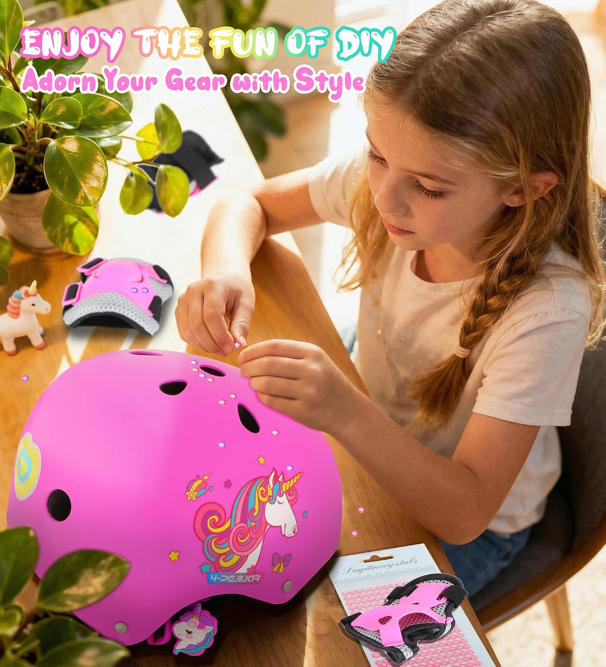 Kids Bike Helmet for Girls,Unicorn Adjustable Toddler Helmets with Knee Pads Wrist Guards and Elbow Pads Set