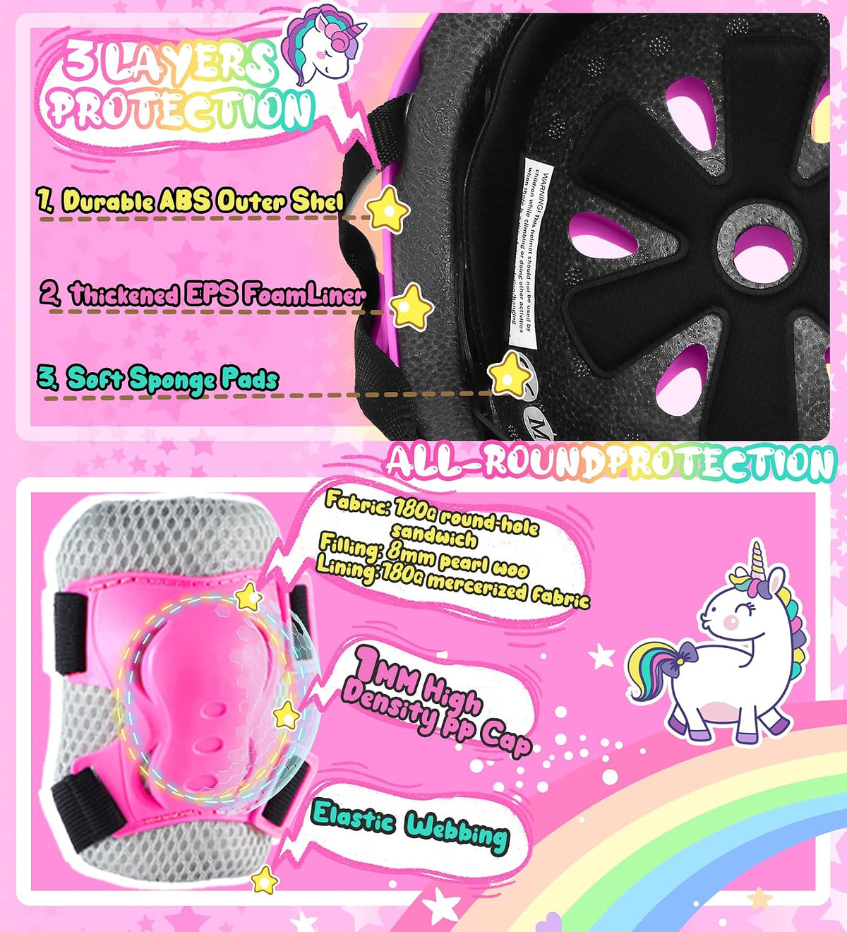 Kids Bike Helmet for Girls,Unicorn Adjustable Toddler Helmets with Knee Pads Wrist Guards and Elbow Pads Set