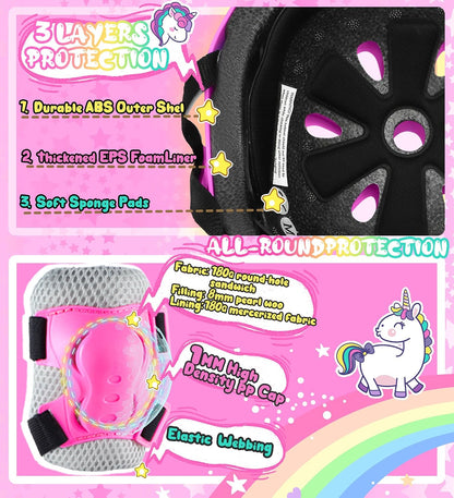 Kids Bike Helmet for Girls,Unicorn Adjustable Toddler Helmets with Knee Pads Wrist Guards and Elbow Pads Set