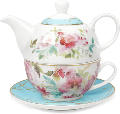 Pink Floral Teapot, Tea Cup and Saucer Set with Gold Trim, Porcelain Tea for One Tea Set for Gift, Blue