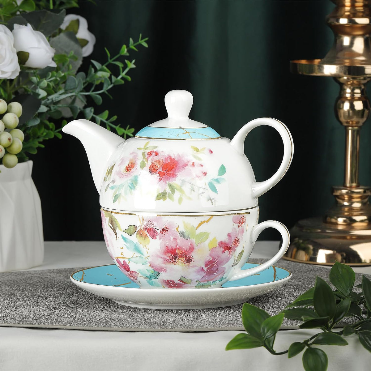 Pink Floral Teapot, Tea Cup and Saucer Set with Gold Trim, Porcelain Tea for One Tea Set for Gift, Blue