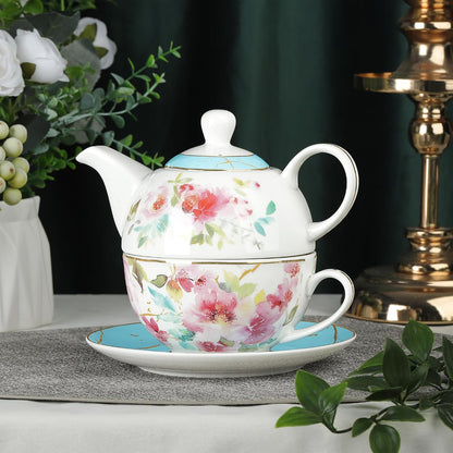 Pink Floral Teapot, Tea Cup and Saucer Set with Gold Trim, Porcelain Tea for One Tea Set for Gift, Blue