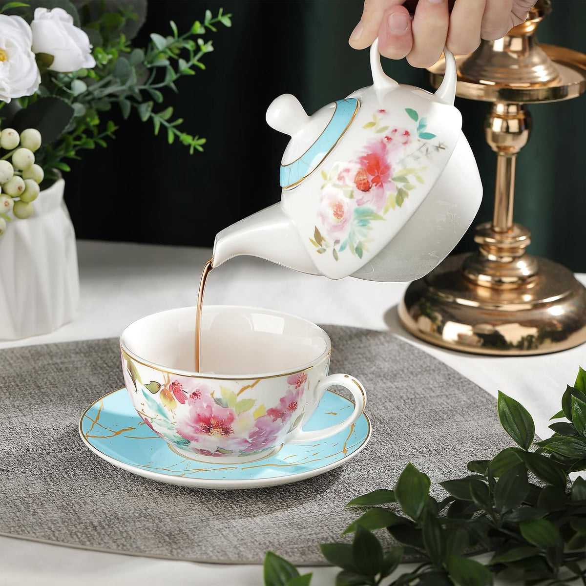 Pink Floral Teapot, Tea Cup and Saucer Set with Gold Trim, Porcelain Tea for One Tea Set for Gift, Blue