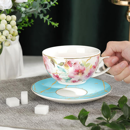 Pink Floral Teapot, Tea Cup and Saucer Set with Gold Trim, Porcelain Tea for One Tea Set for Gift, Blue