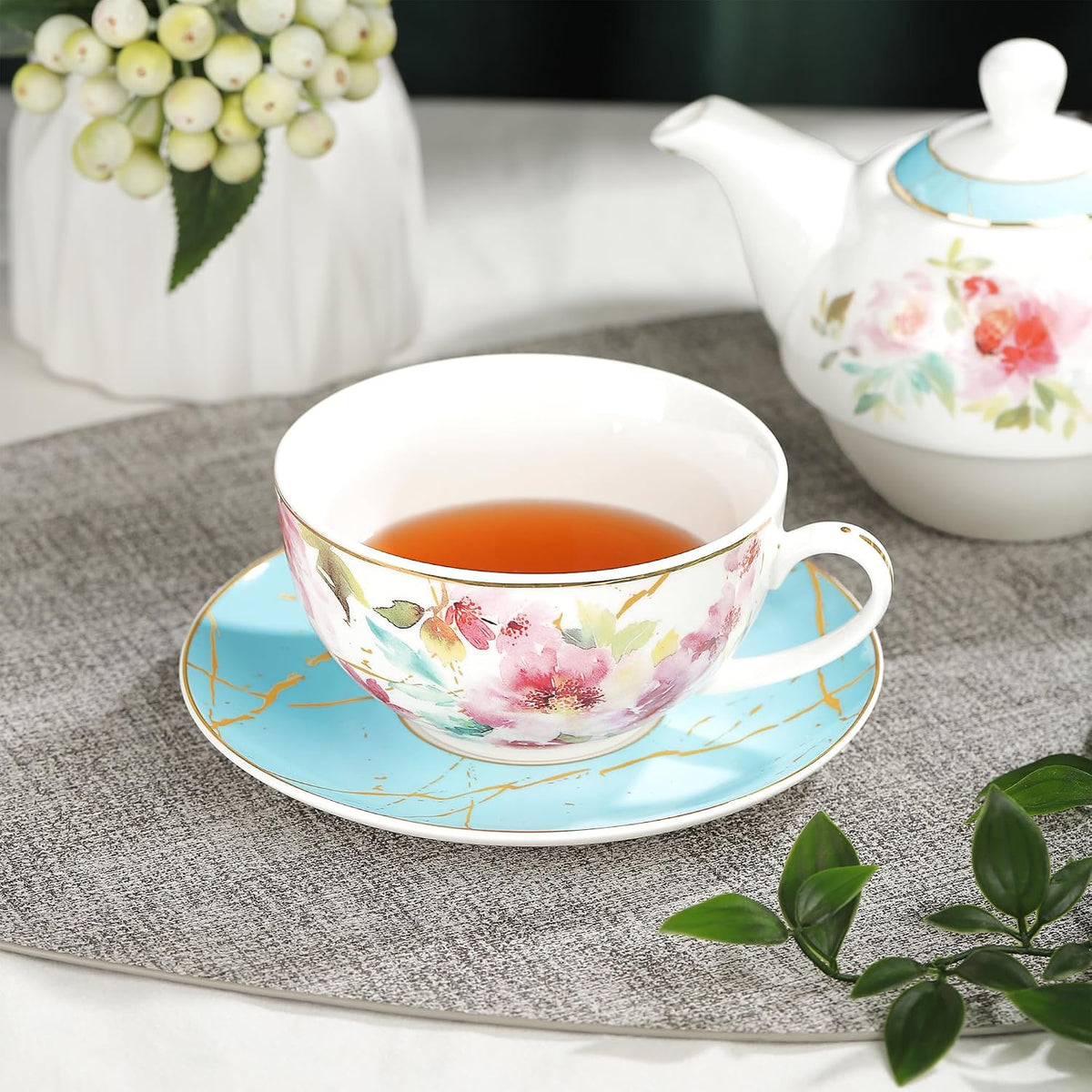 Pink Floral Teapot, Tea Cup and Saucer Set with Gold Trim, Porcelain Tea for One Tea Set for Gift, Blue