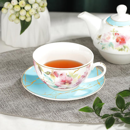 Pink Floral Teapot, Tea Cup and Saucer Set with Gold Trim, Porcelain Tea for One Tea Set for Gift, Blue
