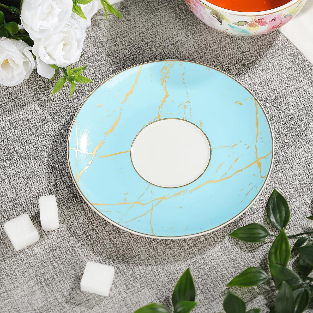 Pink Floral Teapot, Tea Cup and Saucer Set with Gold Trim, Porcelain Tea for One Tea Set for Gift, Blue