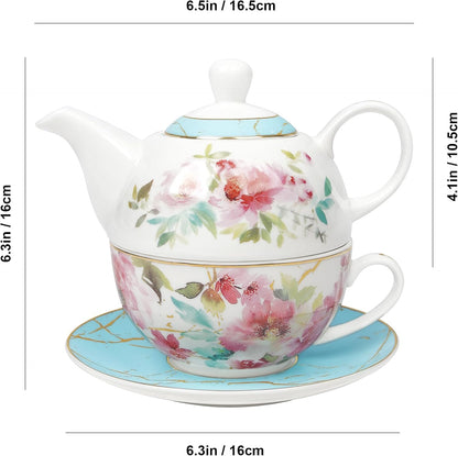 Pink Floral Teapot, Tea Cup and Saucer Set with Gold Trim, Porcelain Tea for One Tea Set for Gift, Blue