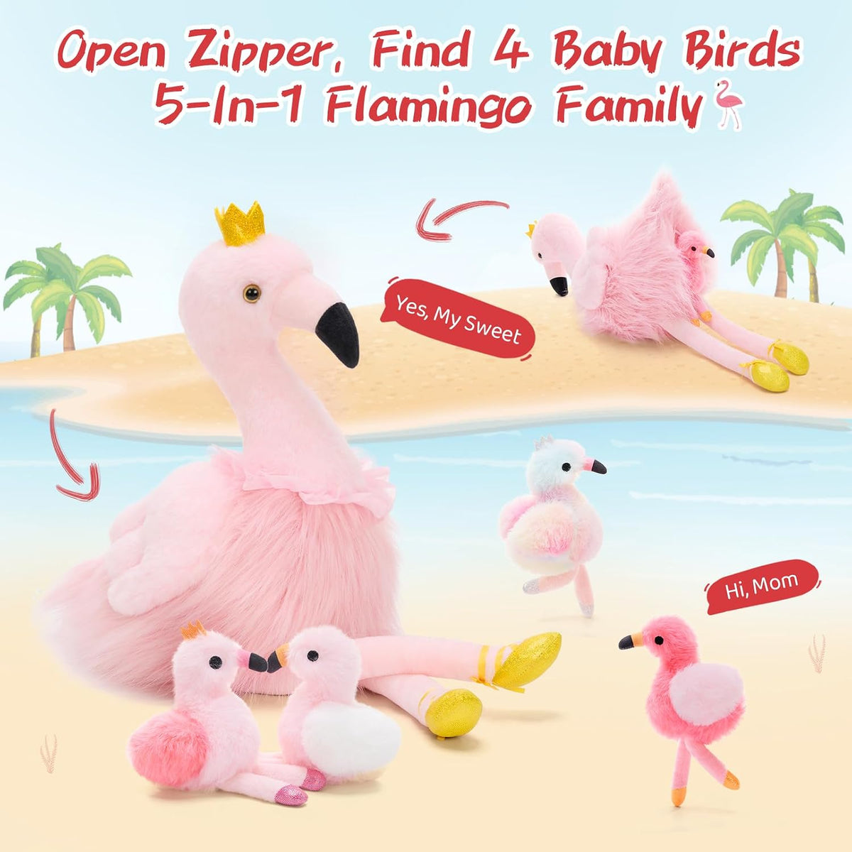 Pink Flamingo Stuffed Animal with 4 Baby Bird Plush Toys Inside