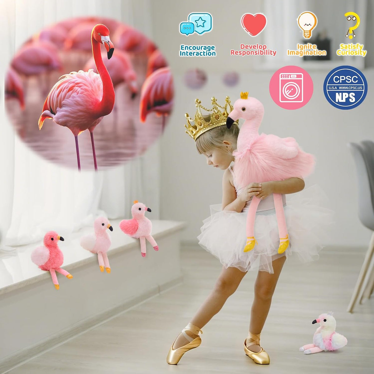 Pink Flamingo Stuffed Animal with 4 Baby Bird Plush Toys Inside