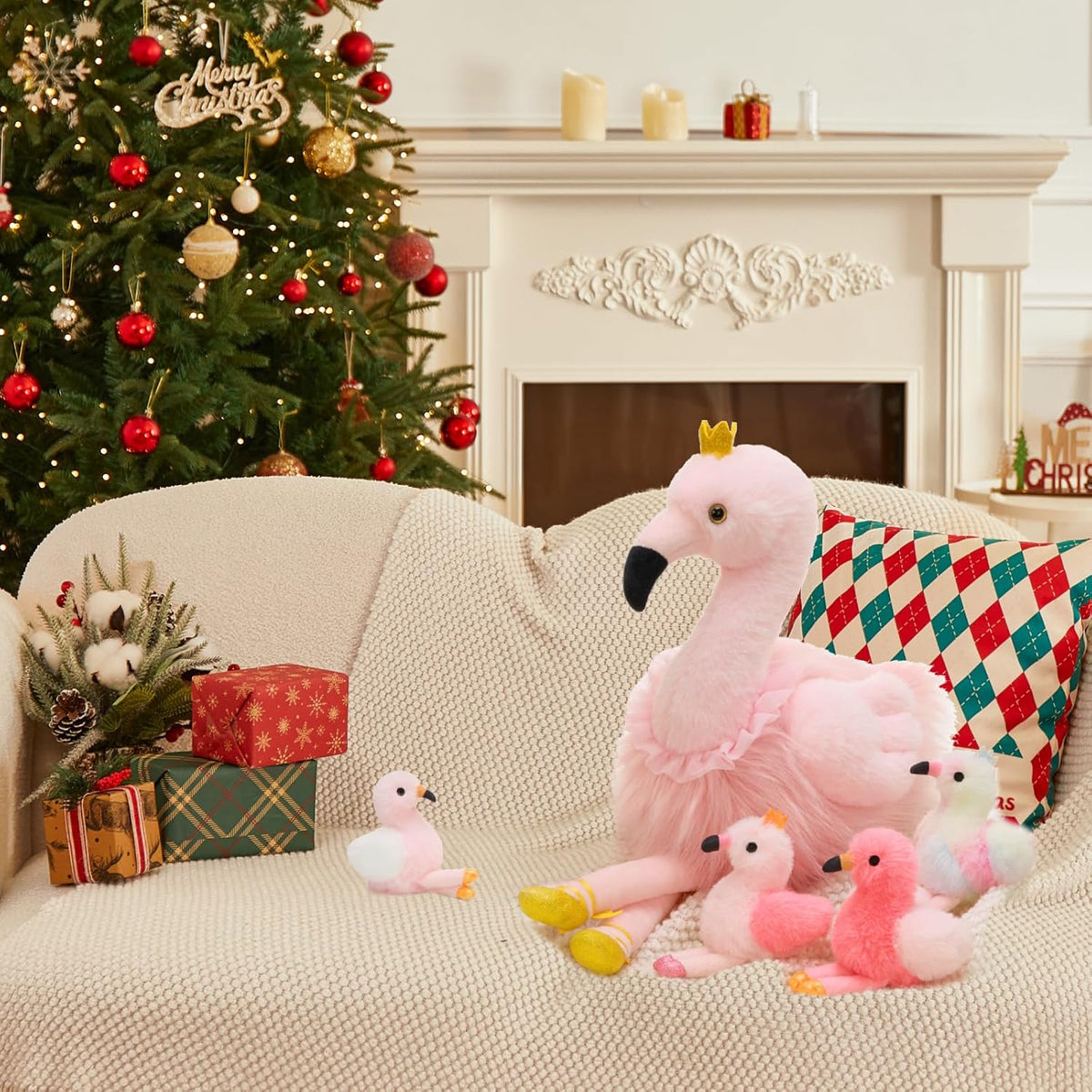 Pink Flamingo Stuffed Animal with 4 Baby Bird Plush Toys Inside