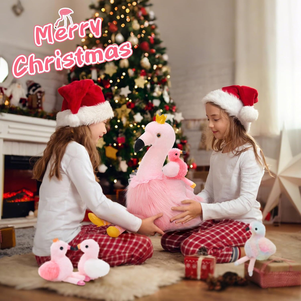 Pink Flamingo Stuffed Animal with 4 Baby Bird Plush Toys Inside