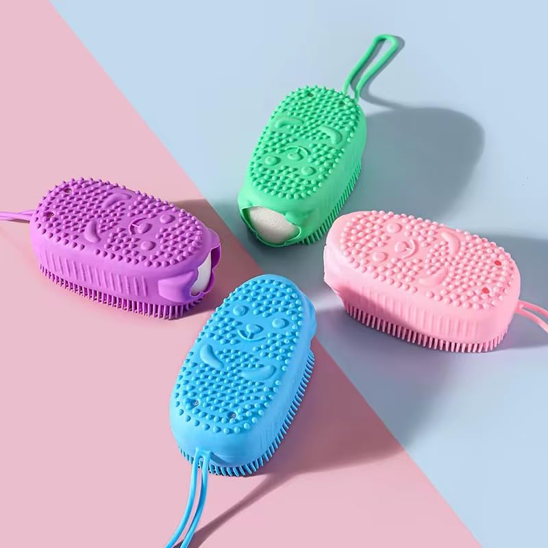 Silicone Body Scrubber Shower Exfoliating Scrub Sponge Bubble Bath Brush Massager Skin Cleaner Cleaning Pad Bathroom Accessories (Pink)