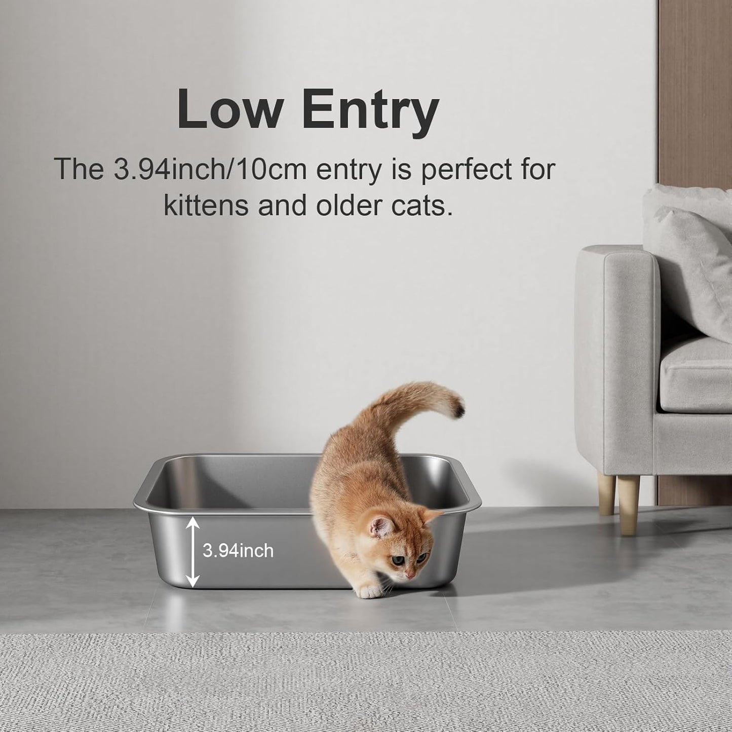 Stainless Steel Litter Box - Metal Small Cat Kitty Litter Box Pan, Indoor Low Entry Litterbox Tray, Odor-Free, Non-Stick, Easy Cleaning Pet Toilet Supplies for Kitten, Rabbit, Dog