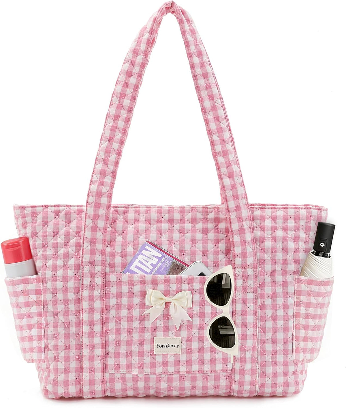 Quilted Tote Bag for Women, Quilted Floral Tote Bags with Zipper, Cute Bow Cotton Patchwork Shoulder bag for Daily
