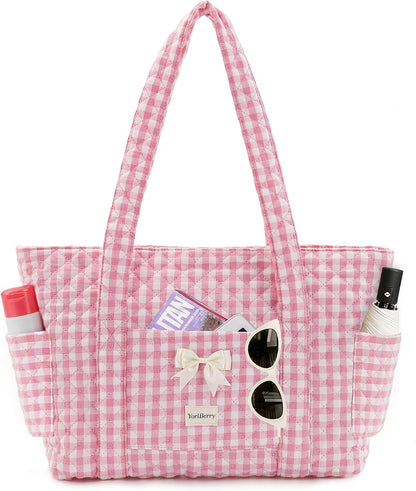 Quilted Tote Bag for Women, Quilted Floral Tote Bags with Zipper, Cute Bow Cotton Patchwork Shoulder bag for Daily