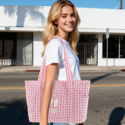 Quilted Tote Bag for Women, Quilted Floral Tote Bags with Zipper, Cute Bow Cotton Patchwork Shoulder bag for Daily