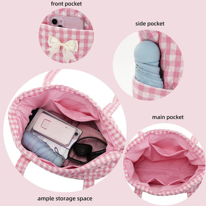 Quilted Tote Bag for Women, Quilted Floral Tote Bags with Zipper, Cute Bow Cotton Patchwork Shoulder bag for Daily