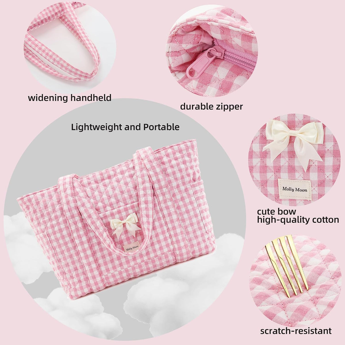 Quilted Tote Bag for Women, Quilted Floral Tote Bags with Zipper, Cute Bow Cotton Patchwork Shoulder bag for Daily