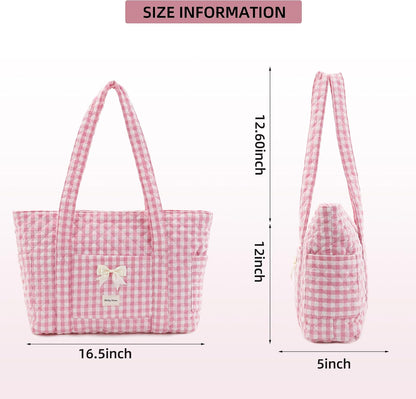 Quilted Tote Bag for Women, Quilted Floral Tote Bags with Zipper, Cute Bow Cotton Patchwork Shoulder bag for Daily