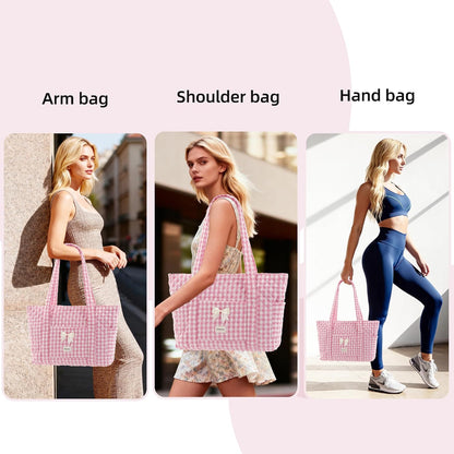 Quilted Tote Bag for Women, Quilted Floral Tote Bags with Zipper, Cute Bow Cotton Patchwork Shoulder bag for Daily