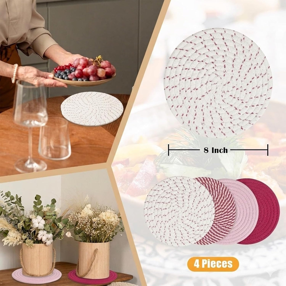 8" Trivets for Pots and Pans, 4 Pack Hot Pads for Kitchen Counter, Heat Resistant Pot Holders, Plate Mat for Countertop Table, Home Kitchen Essentials Decor (Pink)