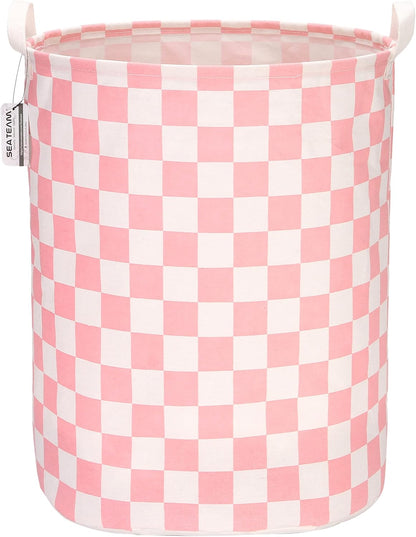 Large Canvas Laundry Basket with Handles, Pink Grids
