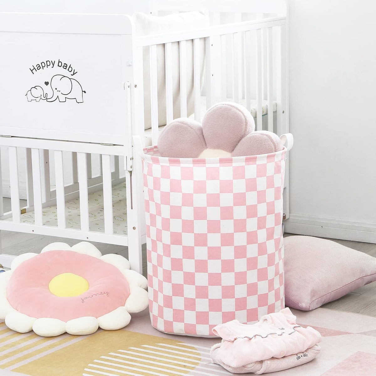 Large Canvas Laundry Basket with Handles, Pink Grids