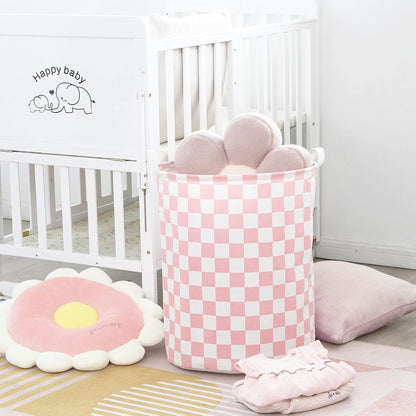 Large Canvas Laundry Basket with Handles, Pink Grids