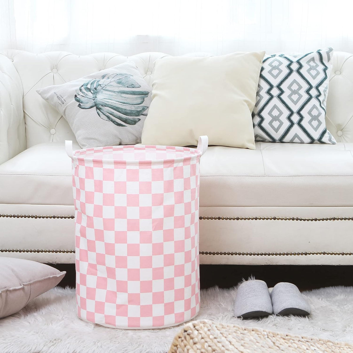 Large Canvas Laundry Basket with Handles, Pink Grids