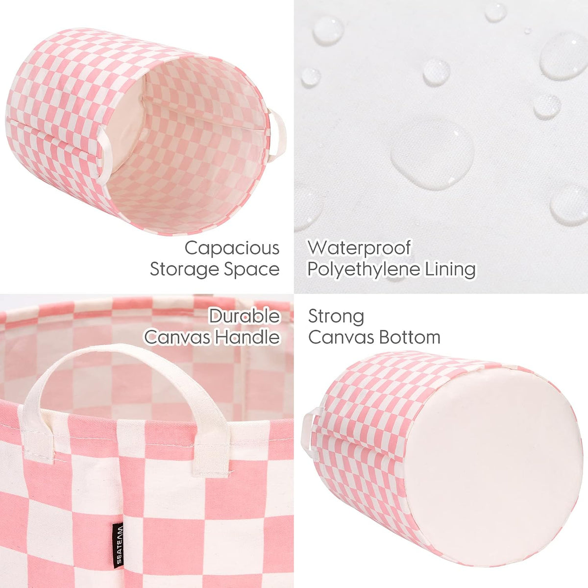 Large Canvas Laundry Basket with Handles, Pink Grids