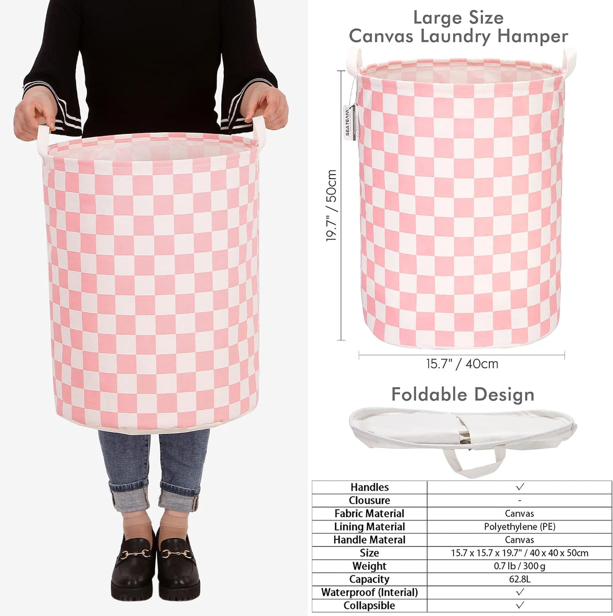 Large Canvas Laundry Basket with Handles, Pink Grids