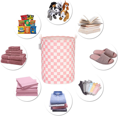 Large Canvas Laundry Basket with Handles, Pink Grids