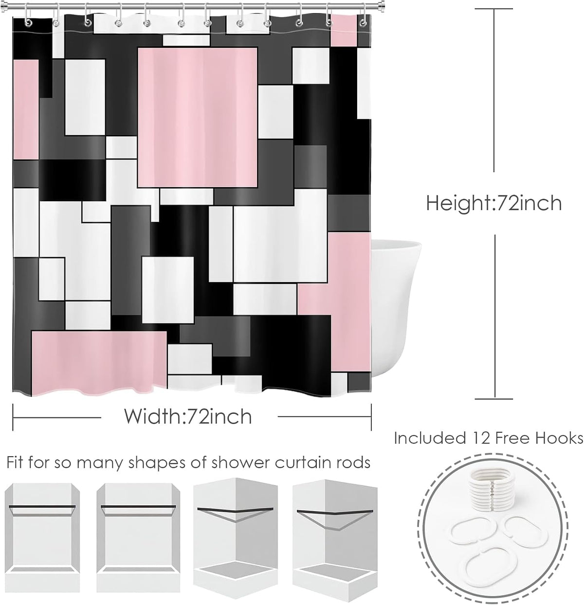 Modern Pink Shower Curtain for Bathroom, Grey Black and White Abstract Mid Century Minimalist Geometric Shower Curtains 72X72 inch Polyester Fabric Bathroom Decoration Bath Curtains Hooks Included