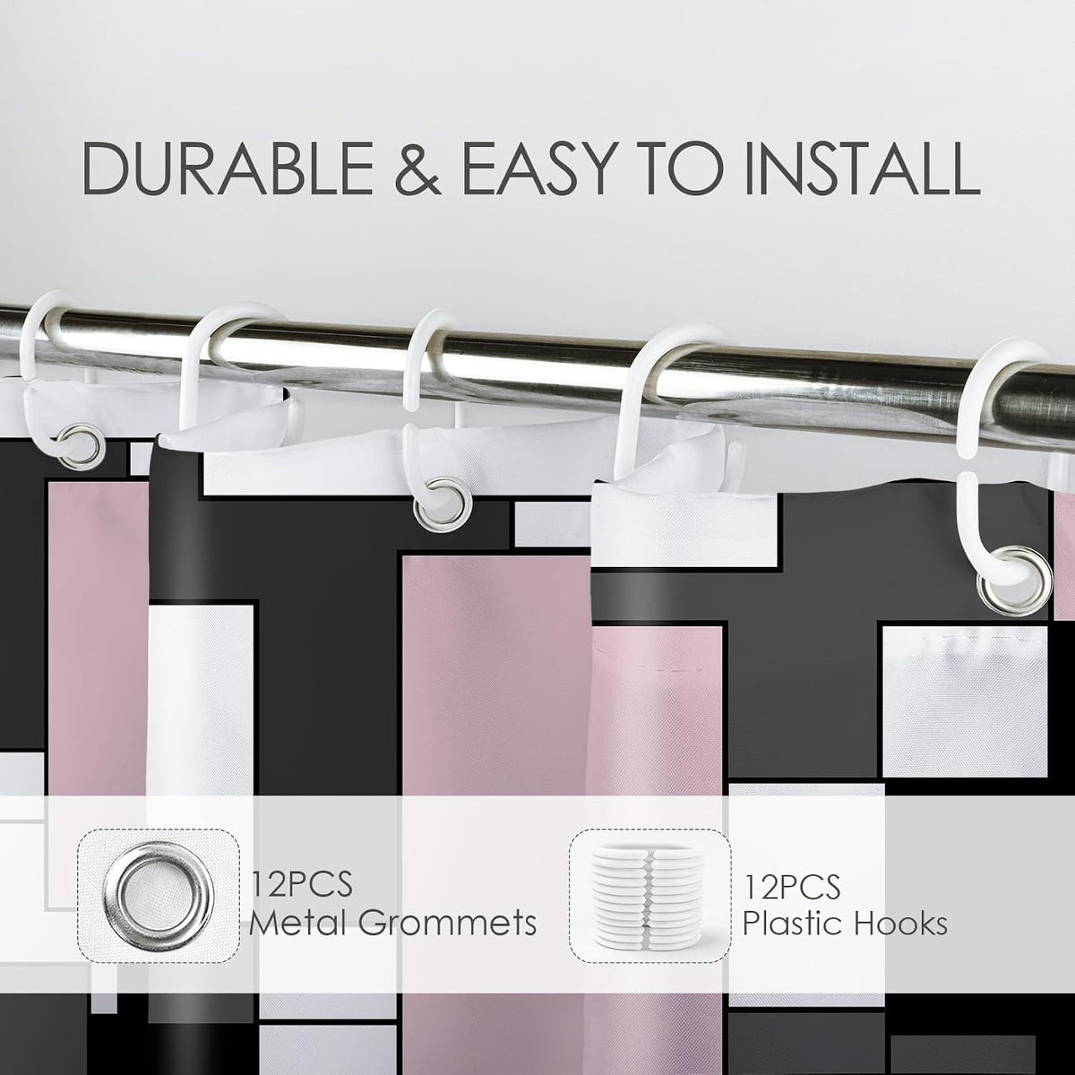 Modern Pink Shower Curtain for Bathroom, Grey Black and White Abstract Mid Century Minimalist Geometric Shower Curtains 72X72 inch Polyester Fabric Bathroom Decoration Bath Curtains Hooks Included