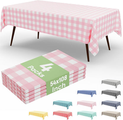 4 Packs Buffalo Disposable Table Cloth, 54 x 108 Inch Waterproof Plastic Tablecloth, Rectangle Pink and White Checkered Table Covers for Picnic, Birthday, Party, Back to School