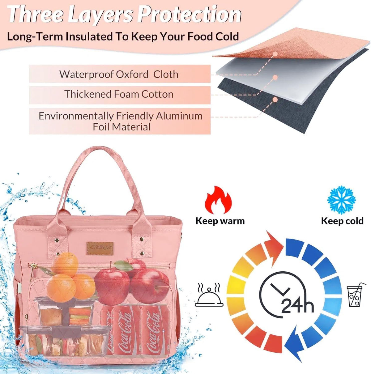EASYA Large Women Lunch Bags for Work Insulated/Insulated Adult Lunch Box for Womens/Nylon Thermal Lunch Bag for Women/Cooler Lunch Tote Bag (Newly upgraded shimmering blush pink)