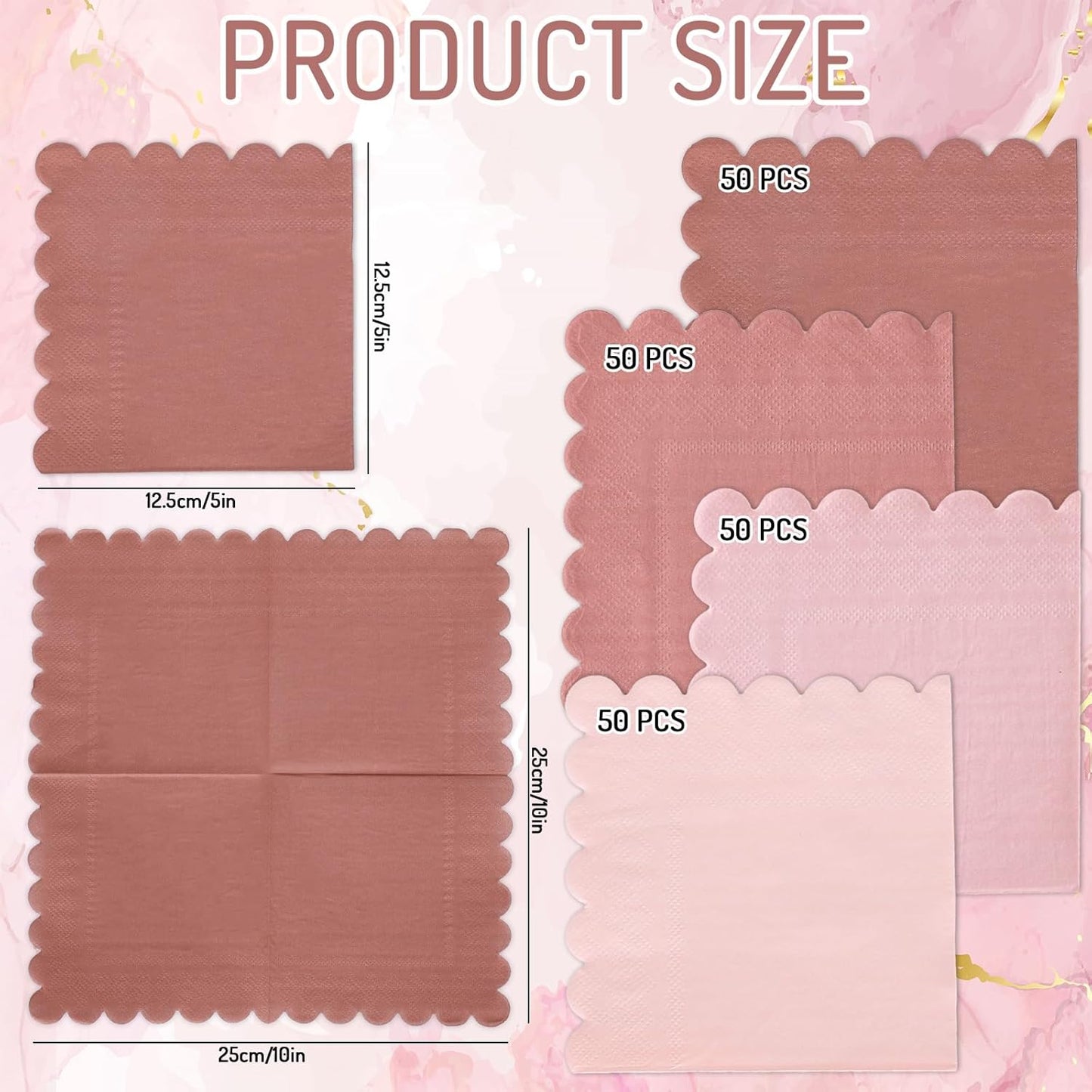 Whaline 200 Pack Dusty Pink Cocktail Napkins Gradient Color Scalloped Beverage Napkins Disposable Paper Napkin with Scalloped Edges for Wedding Birthday Bridal Baby Shower Party Supplies