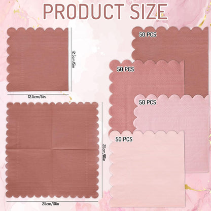 Whaline 200 Pack Dusty Pink Cocktail Napkins Gradient Color Scalloped Beverage Napkins Disposable Paper Napkin with Scalloped Edges for Wedding Birthday Bridal Baby Shower Party Supplies