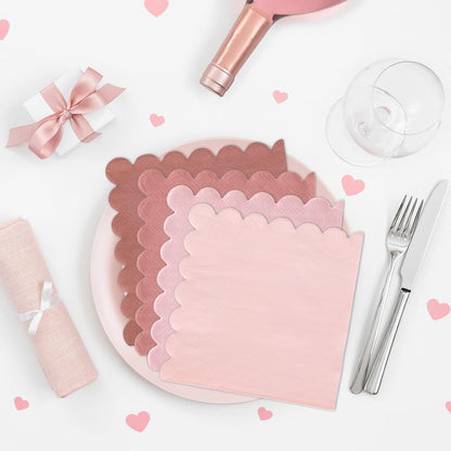 Whaline 200 Pack Dusty Pink Cocktail Napkins Gradient Color Scalloped Beverage Napkins Disposable Paper Napkin with Scalloped Edges for Wedding Birthday Bridal Baby Shower Party Supplies