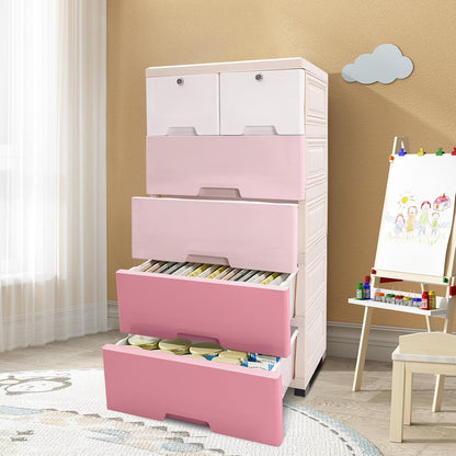 5-Tier Stackable Storage Bins with 6 Drawers Plastic Storage Cabinet Closet Dressers with Drawers Tall Dresser Lockable Storage Cabinet for Bedroom, Closet, Entryway (Gradient Pink)