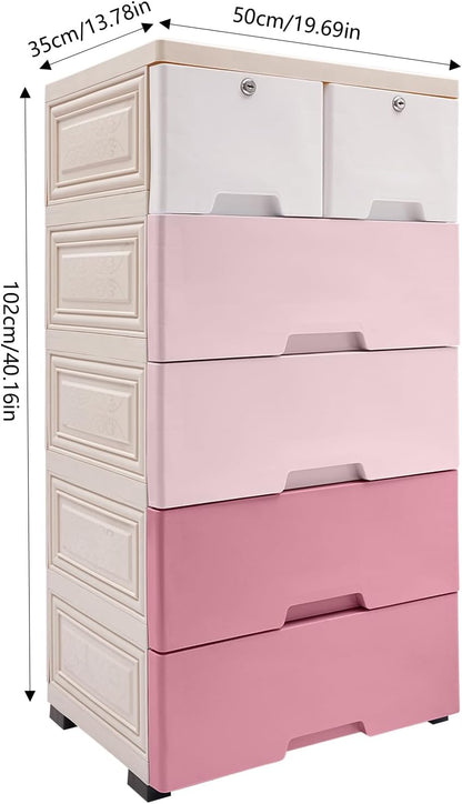 5-Tier Stackable Storage Bins with 6 Drawers Plastic Storage Cabinet Closet Dressers with Drawers Tall Dresser Lockable Storage Cabinet for Bedroom, Closet, Entryway (Gradient Pink)