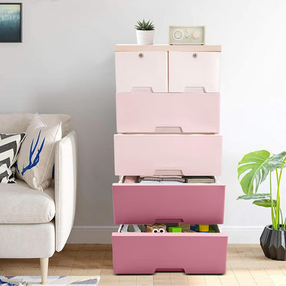 5-Tier Stackable Storage Bins with 6 Drawers Plastic Storage Cabinet Closet Dressers with Drawers Tall Dresser Lockable Storage Cabinet for Bedroom, Closet, Entryway (Gradient Pink)