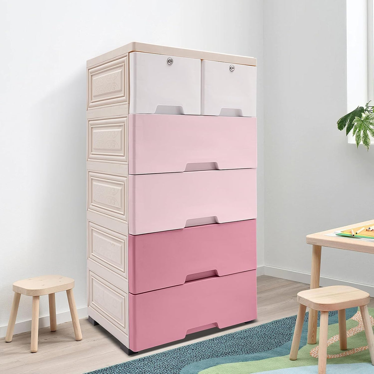 5-Tier Stackable Storage Bins with 6 Drawers Plastic Storage Cabinet Closet Dressers with Drawers Tall Dresser Lockable Storage Cabinet for Bedroom, Closet, Entryway (Gradient Pink)