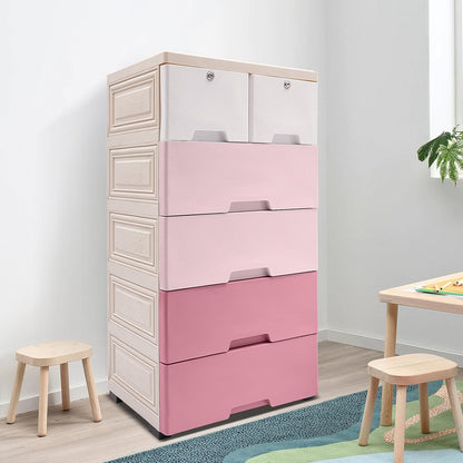 5-Tier Stackable Storage Bins with 6 Drawers Plastic Storage Cabinet Closet Dressers with Drawers Tall Dresser Lockable Storage Cabinet for Bedroom, Closet, Entryway (Gradient Pink)