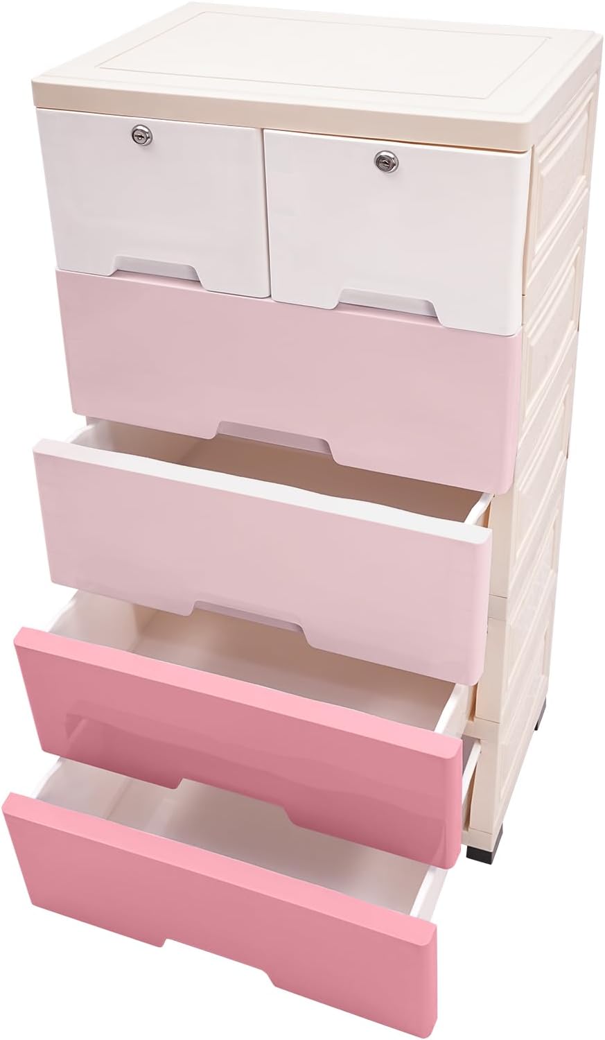 5-Tier Stackable Storage Bins with 6 Drawers Plastic Storage Cabinet Closet Dressers with Drawers Tall Dresser Lockable Storage Cabinet for Bedroom, Closet, Entryway (Gradient Pink)
