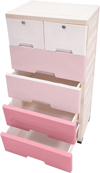 5-Tier Stackable Storage Bins with 6 Drawers Plastic Storage Cabinet Closet Dressers with Drawers Tall Dresser Lockable Storage Cabinet for Bedroom, Closet, Entryway (Gradient Pink)