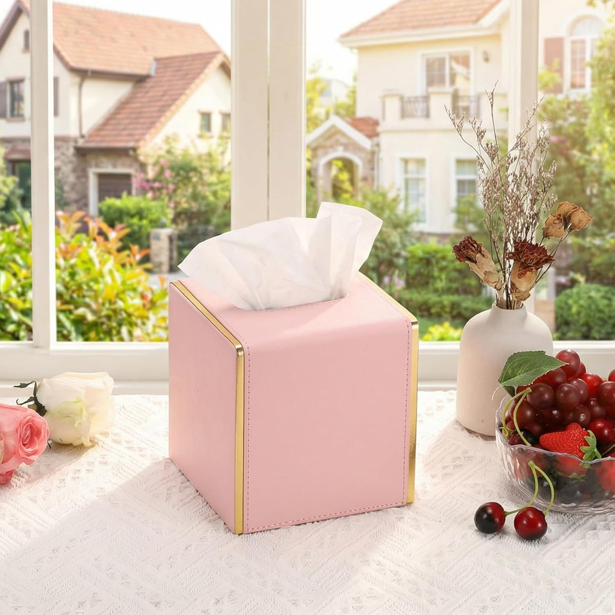 PU Square Tissue Box Cover, Magnetic Bottom, Waterproof, Pink