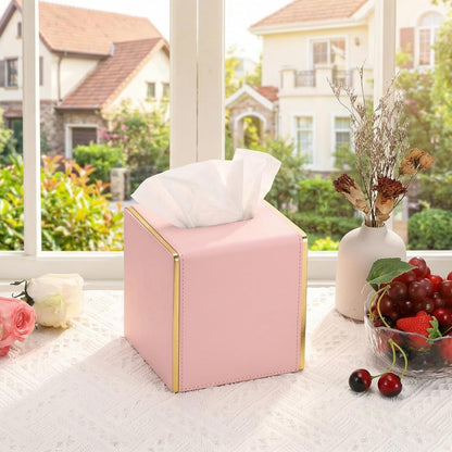 PU Square Tissue Box Cover, Magnetic Bottom, Waterproof, Pink